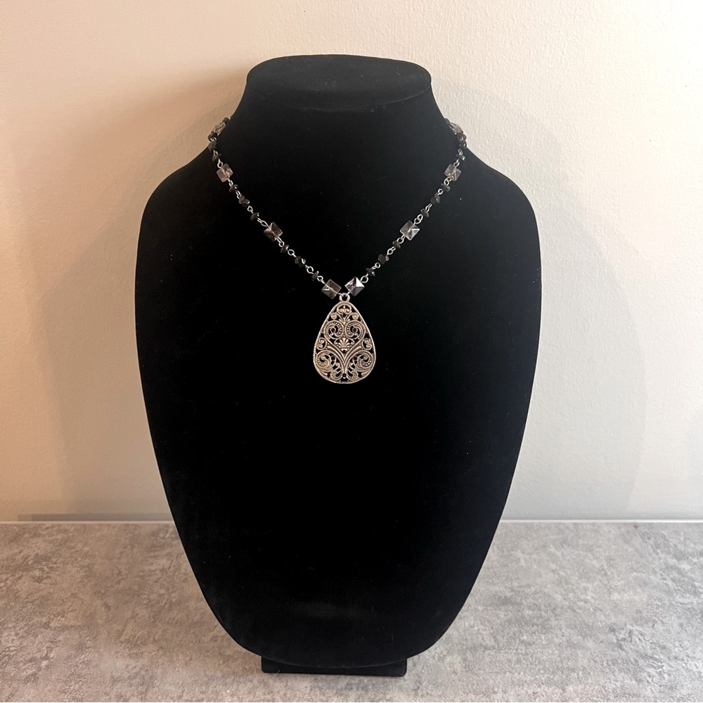 Vintage Inspired Silver Filigree Teardrop Pendant Black Gray Beaded Necklace